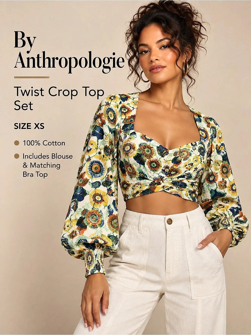 By Anthropologie Twist Crop Top Set Floral Paisley Blouse XS